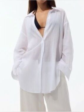 NWT H&M Oversized White Sheer Button Up Gauze Tunic Collared Womens Size Small